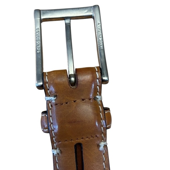 Peter Elliot Tan Leather Belt 34” Silver-Tone Brass Buckle Contrast Stitch Italy - Picture 4 of 16